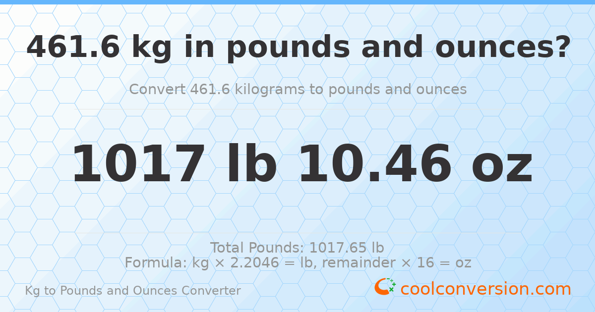 461.6 kg to lbs and oz — 461.6 kg = 1017 lb 10.46 oz
