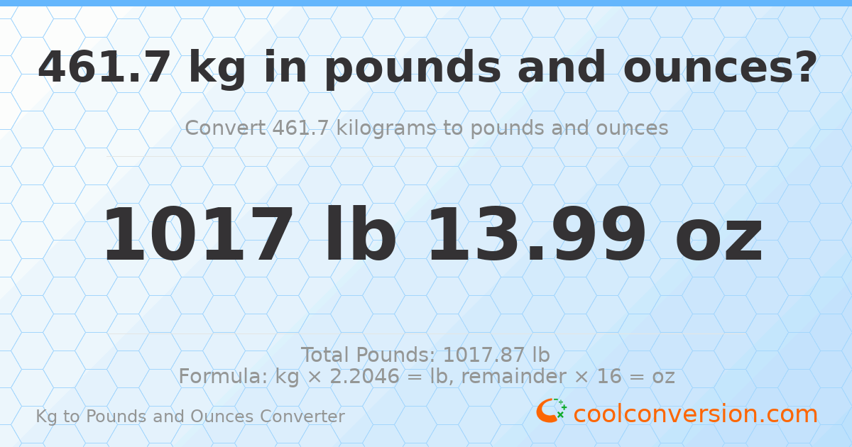 461.7 kg to lbs and oz — 461.7 kg = 1017 lb 13.99 oz