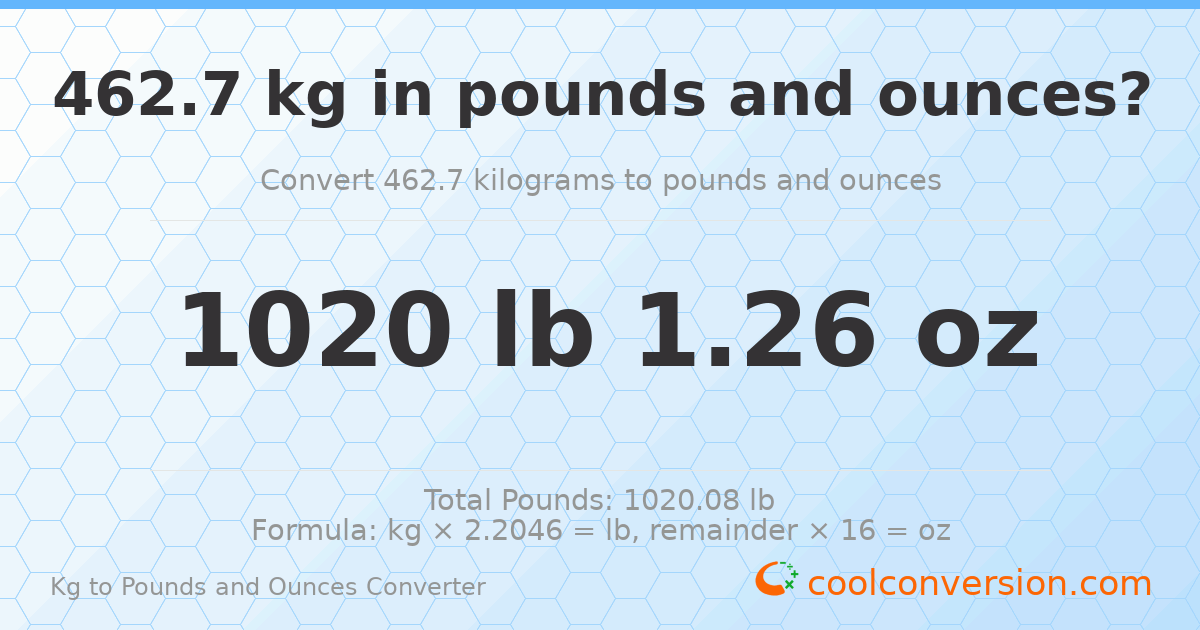 462.7 kg to lbs and oz — 462.7 kg = 1020 lb 1.26 oz