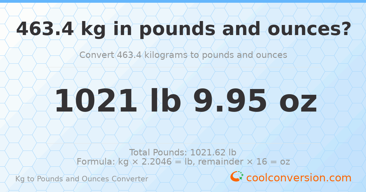 463.4 kg to lbs and oz — 463.4 kg = 1021 lb 9.95 oz