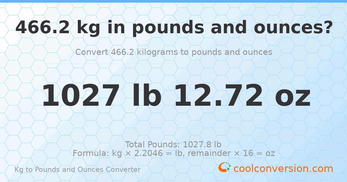 466.2 kg to lbs and oz — 466.2 kg = 1027 lb 12.72 oz