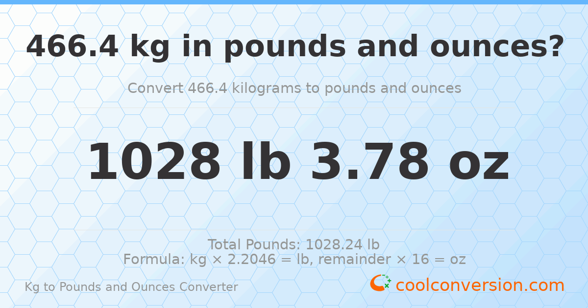 466.4 kg to lbs and oz — 466.4 kg = 1028 lb 3.78 oz