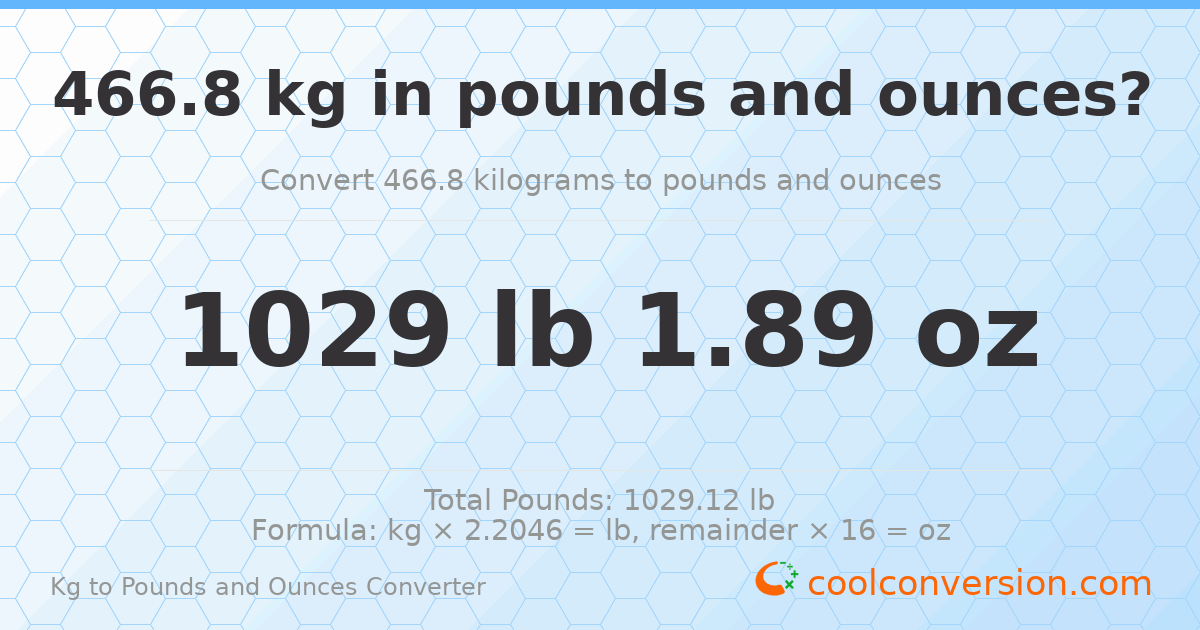 466.8 kg to lbs and oz — 466.8 kg = 1029 lb 1.89 oz