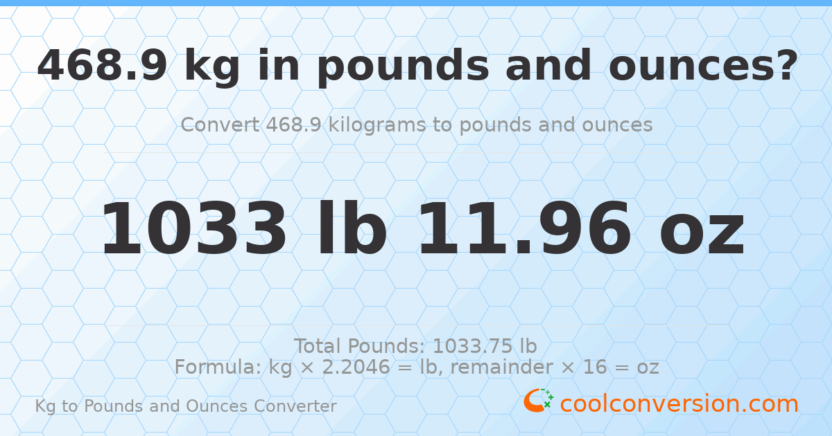 468.9 kg to lbs and oz — 468.9 kg = 1033 lb 11.96 oz