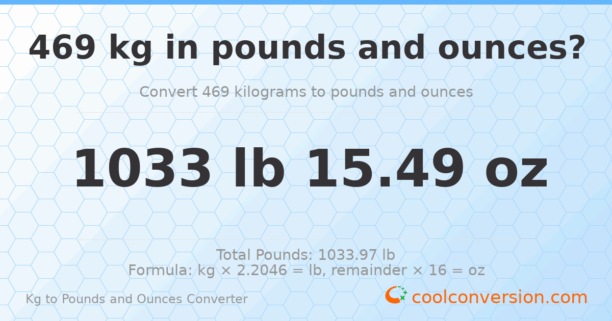 469 kg to lbs and oz — 469 kg = 1033 lb 15.49 oz
