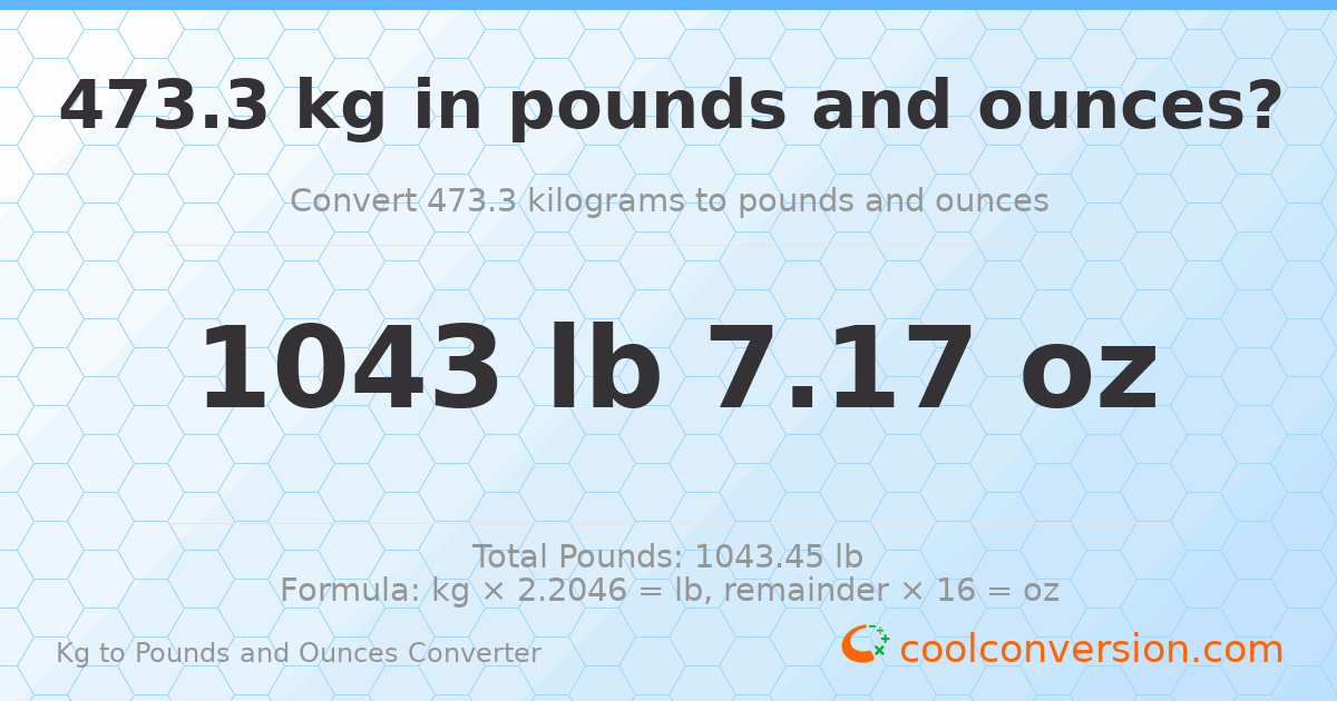 473.3 kg to lbs and oz — 473.3 kg = 1043 lb 7.17 oz