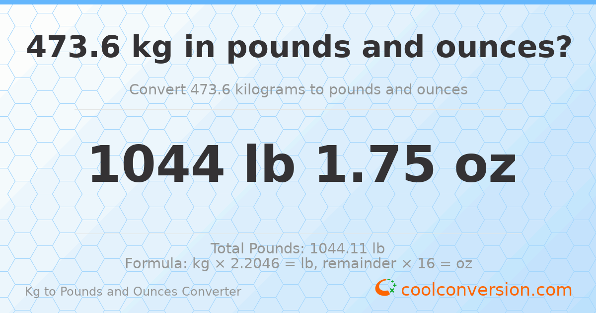473.6 kg to lbs and oz — 473.6 kg = 1044 lb 1.75 oz