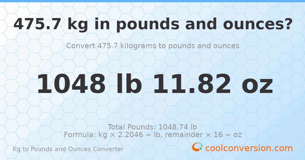 475.7 kg to lbs and oz — 475.7 kg = 1048 lb 11.82 oz