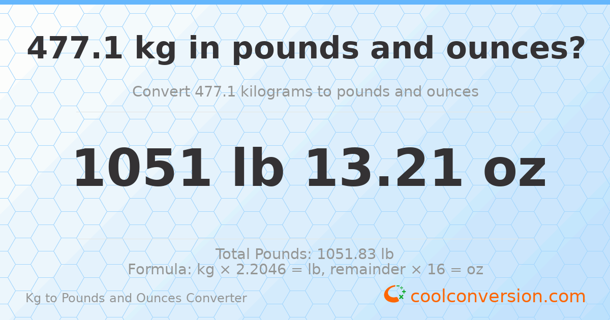 477.1 kg to lbs and oz — 477.1 kg = 1051 lb 13.21 oz