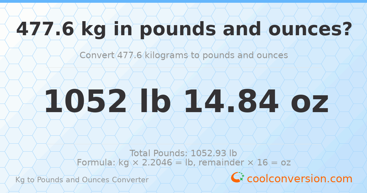 477.6 kg to lbs and oz — 477.6 kg = 1052 lb 14.84 oz