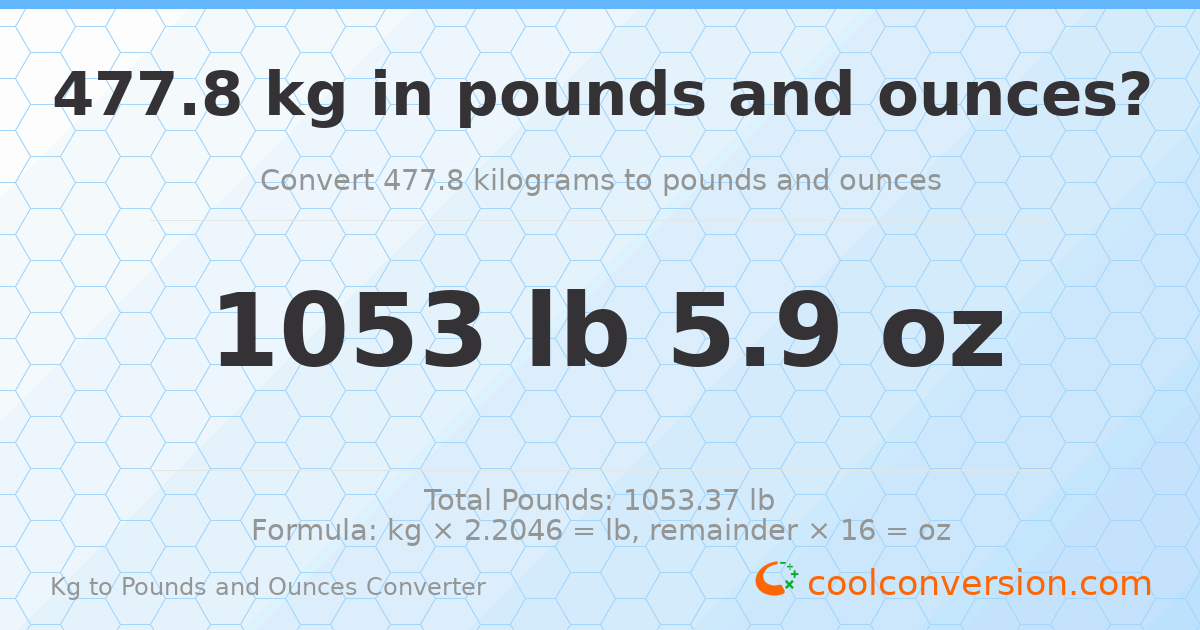 477.8 kg to lbs and oz — 477.8 kg = 1053 lb 5.9 oz