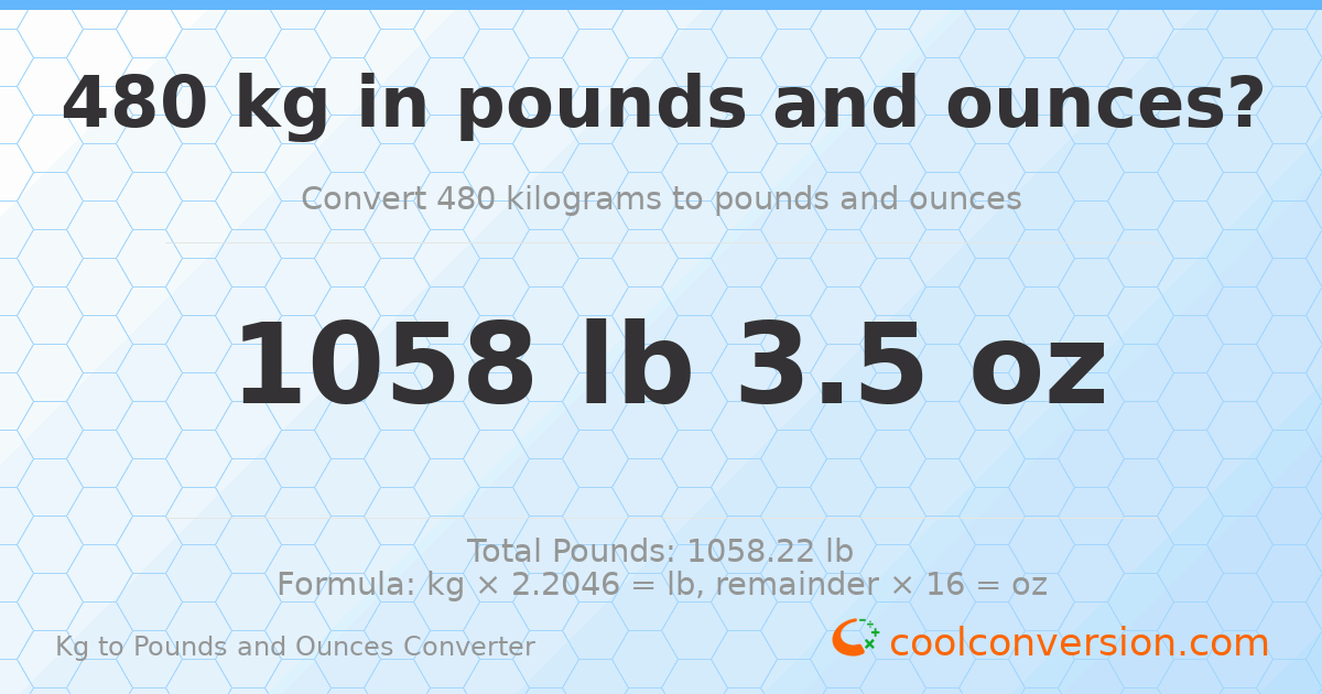 480 kg to lbs and oz — 480 kg = 1058 lb 3.5 oz