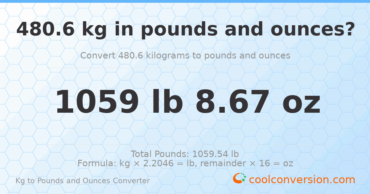 480.6 kg to lbs and oz — 480.6 kg = 1059 lb 8.67 oz