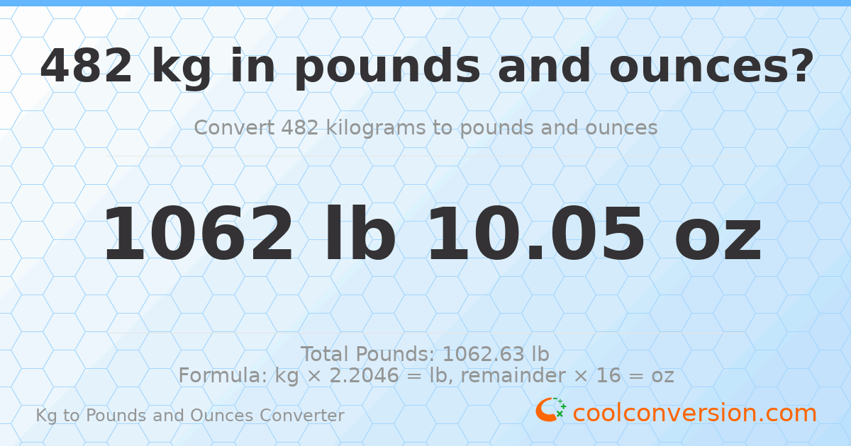 482 kg to lbs and oz — 482 kg = 1062 lb 10.05 oz