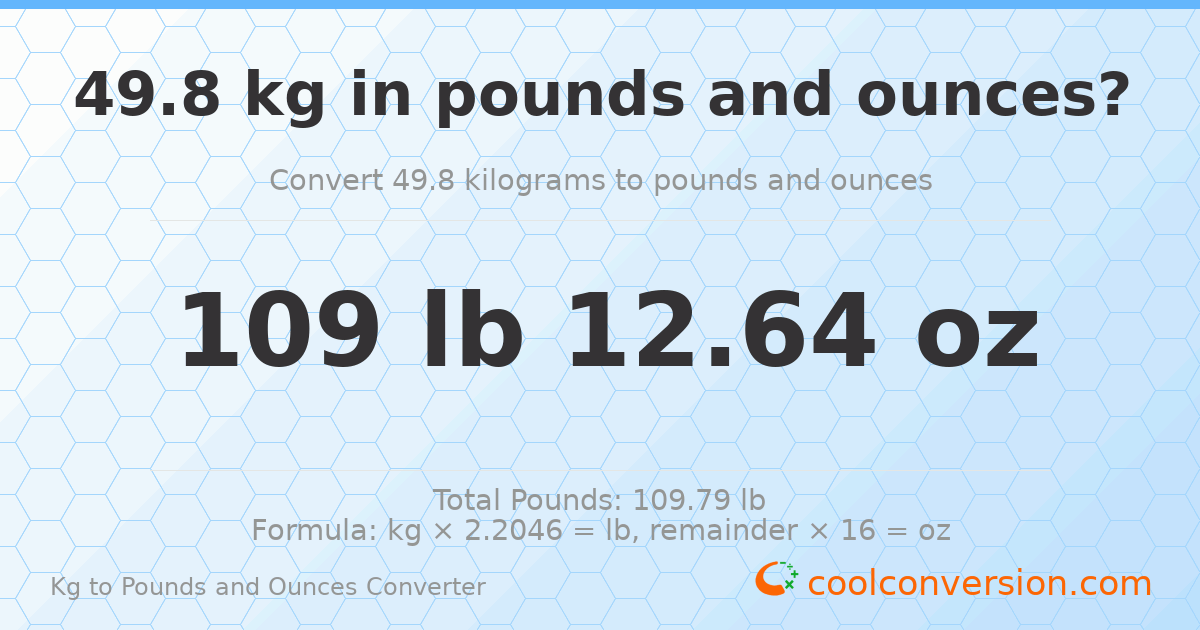 49.8 kg to lbs and oz — 49.8 kg = 109 lb 12.64 oz