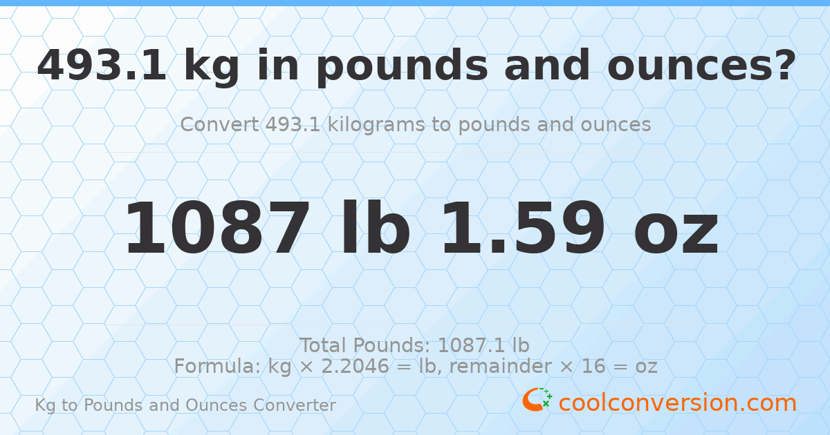 493.1 kg to lbs and oz — 493.1 kg = 1087 lb 1.59 oz