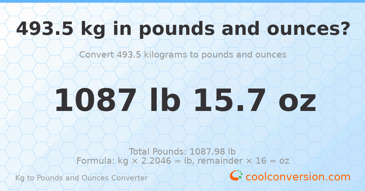 493.5 kg to lbs and oz — 493.5 kg = 1087 lb 15.7 oz