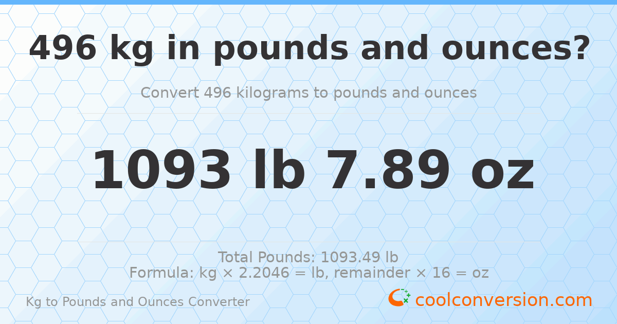 496 kg to lbs and oz — 496 kg = 1093 lb 7.89 oz