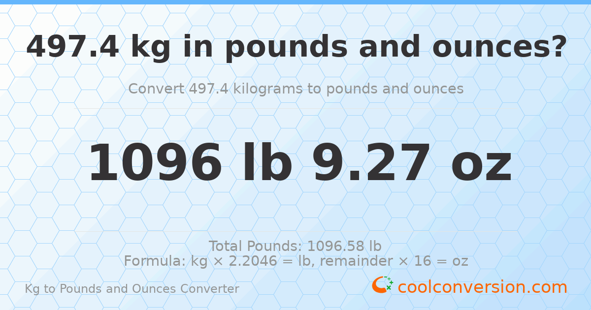 497.4 kg to lbs and oz — 497.4 kg = 1096 lb 9.27 oz