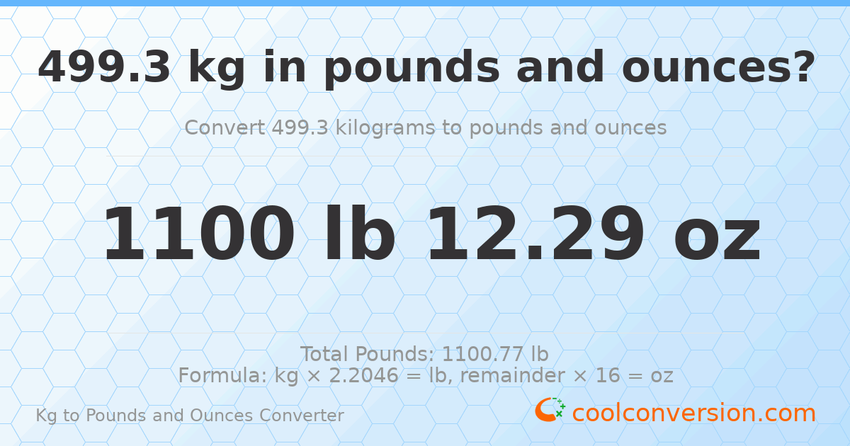 499.3 kg to lbs and oz — 499.3 kg = 1100 lb 12.29 oz