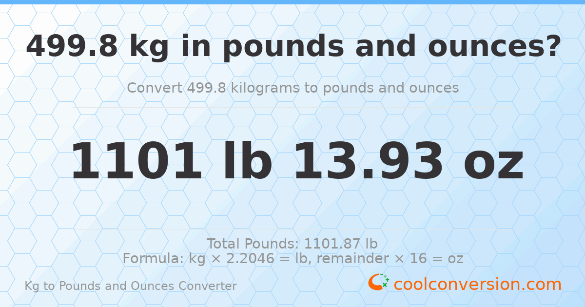 499.8 kg to lbs and oz — 499.8 kg = 1101 lb 13.93 oz