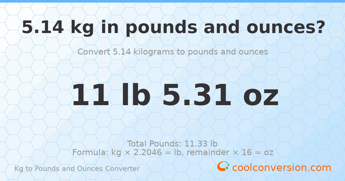 5.14 kg to lbs and oz — 5.14 kg = 11 lb 5.31 oz
