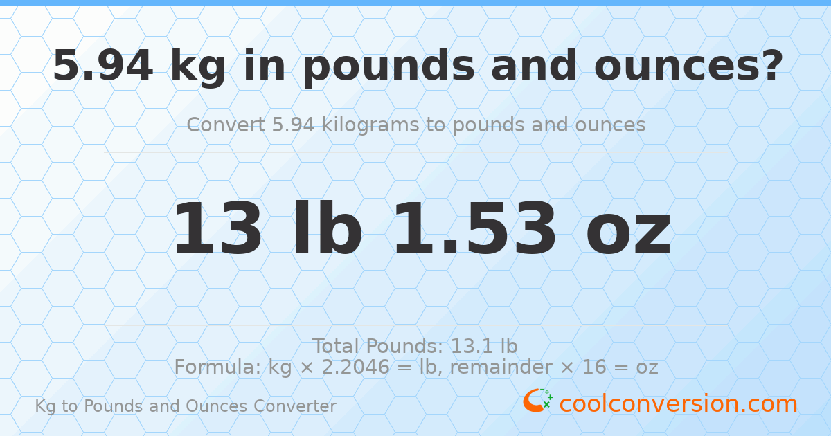 5.94 kg to lbs and oz — 5.94 kg = 13 lb 1.53 oz
