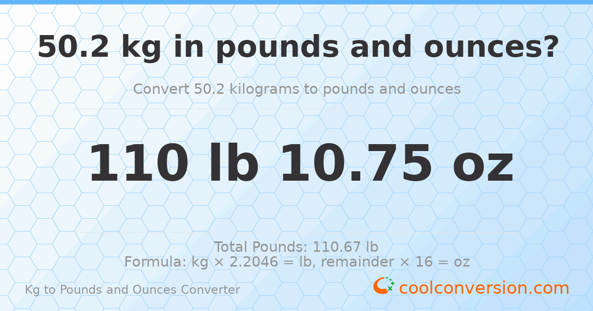 50.2 kg to lbs and oz — 50.2 kg = 110 lb 10.75 oz