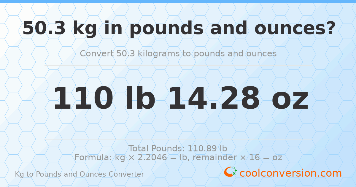 50.3 kg to lbs and oz — 50.3 kg = 110 lb 14.28 oz