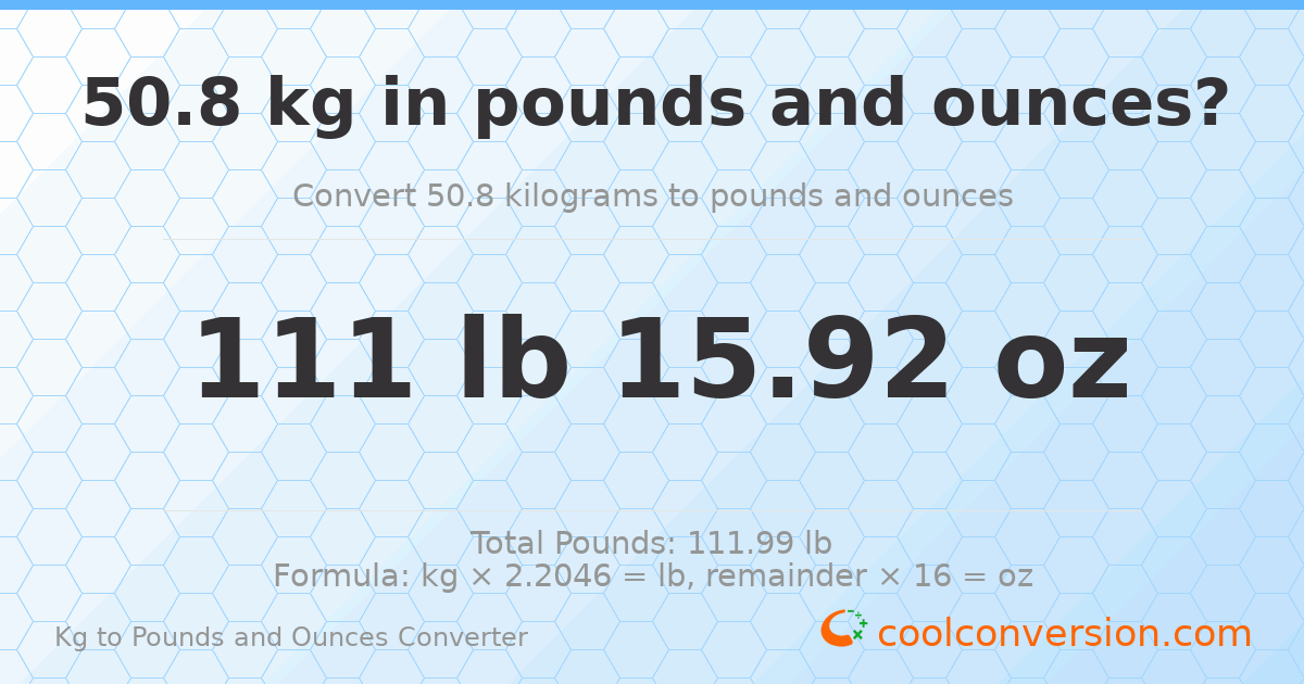 50.8 kg to lbs and oz — 50.8 kg = 111 lb 15.92 oz