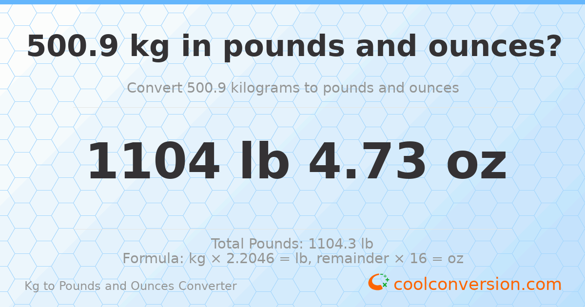 500.9 kg to lbs and oz — 500.9 kg = 1104 lb 4.73 oz