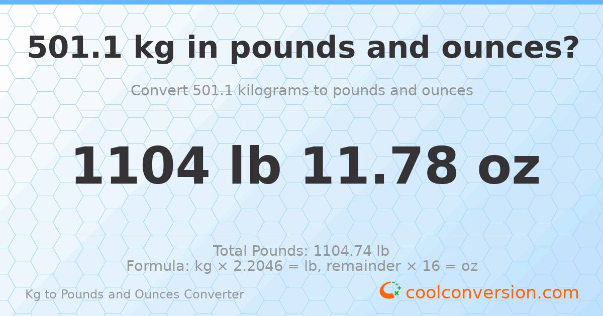 501.1 kg to lbs and oz — 501.1 kg = 1104 lb 11.78 oz