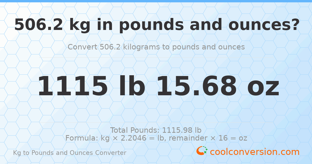 506.2 kg to lbs and oz — 506.2 kg = 1115 lb 15.68 oz