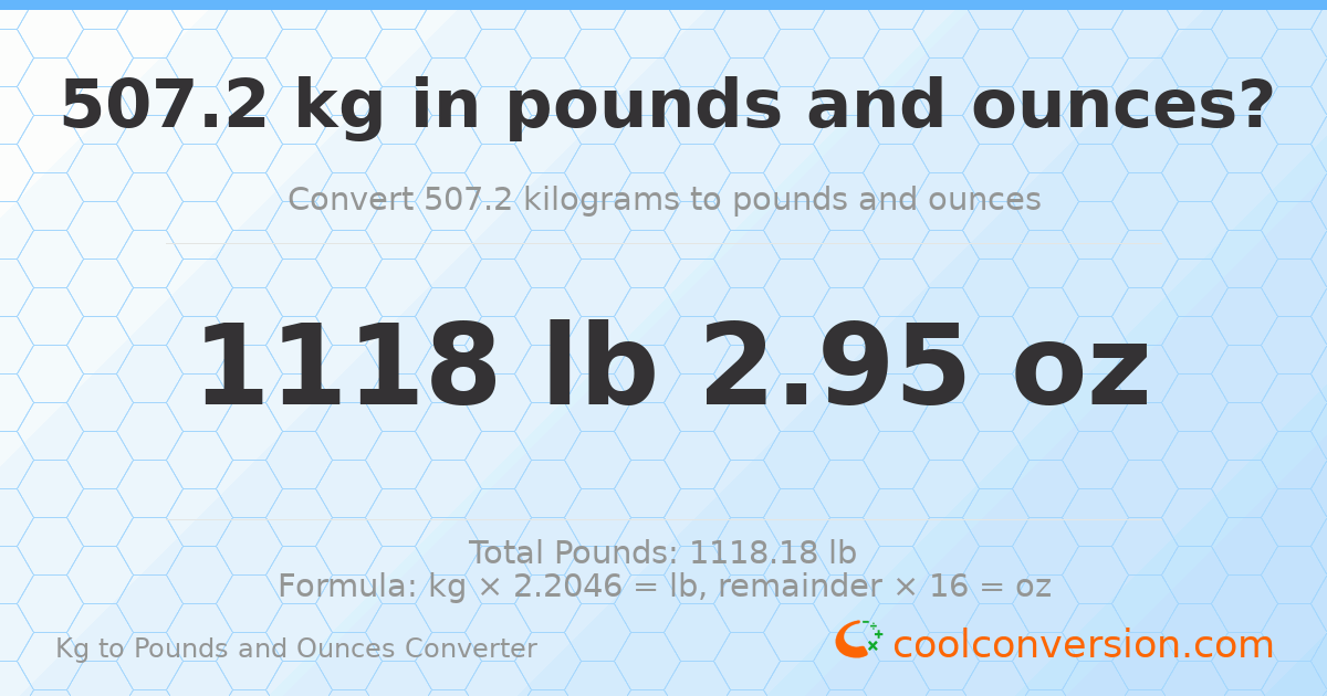 507.2 kg to lbs and oz — 507.2 kg = 1118 lb 2.95 oz