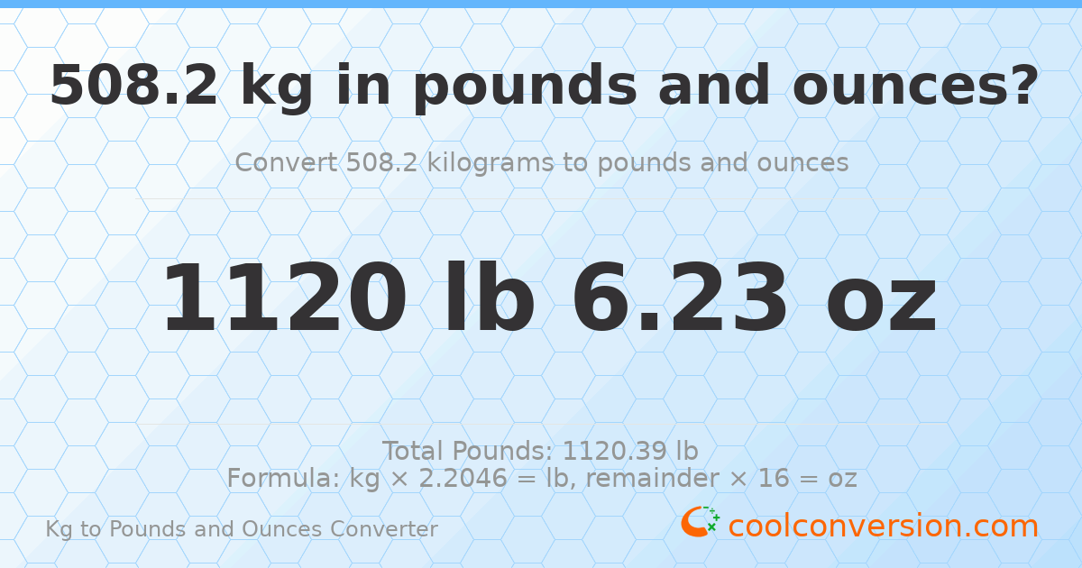 508.2 kg to lbs and oz — 508.2 kg = 1120 lb 6.23 oz