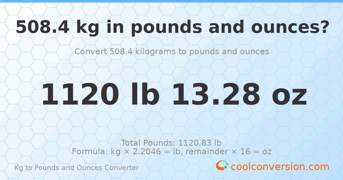 508.4 kg to lbs and oz — 508.4 kg = 1120 lb 13.28 oz