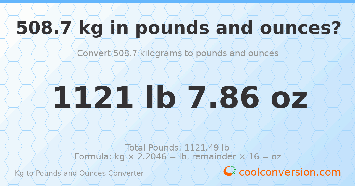 508.7 kg to lbs and oz — 508.7 kg = 1121 lb 7.86 oz