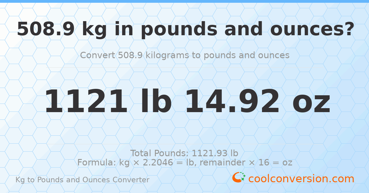 508.9 kg to lbs and oz — 508.9 kg = 1121 lb 14.92 oz