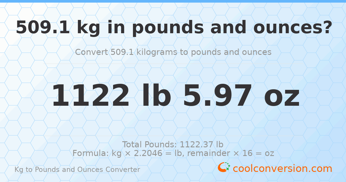 509.1 kg to lbs and oz — 509.1 kg = 1122 lb 5.97 oz