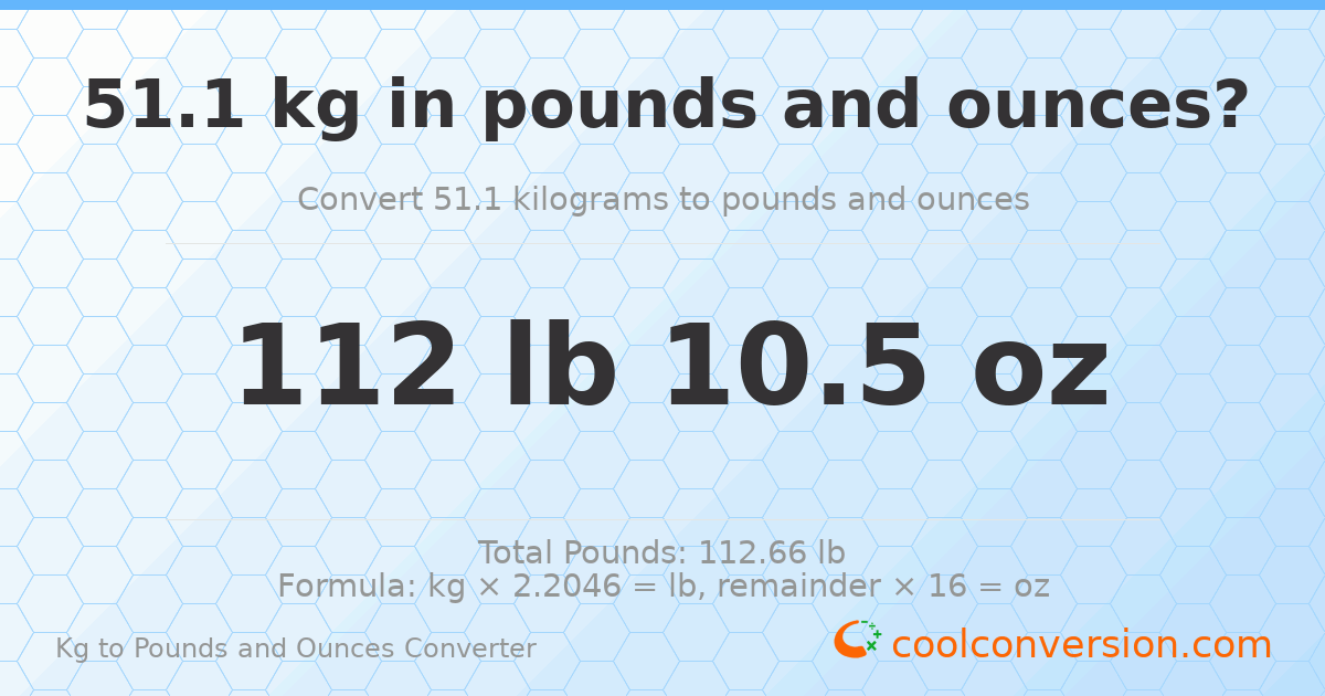51.1 kg to lbs and oz — 51.1 kg = 112 lb 10.5 oz