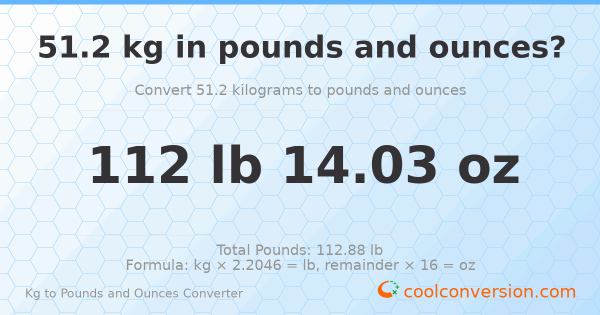 51.2 kg to lbs and oz — 51.2 kg = 112 lb 14.03 oz