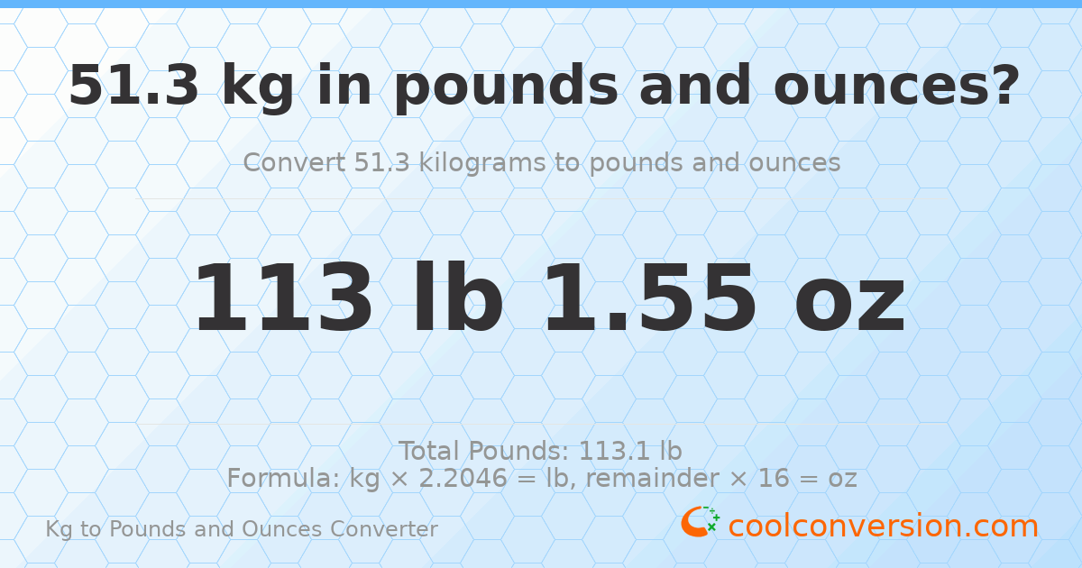 51.3 kg to lbs and oz — 51.3 kg = 113 lb 1.55 oz