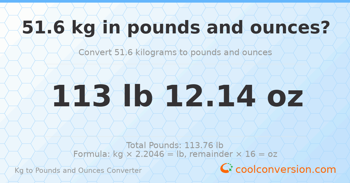 51.6 kg to lbs and oz — 51.6 kg = 113 lb 12.14 oz