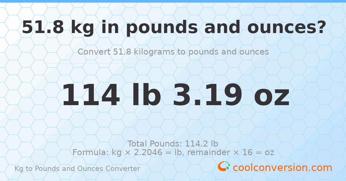 51.8 kg to lbs and oz — 51.8 kg = 114 lb 3.19 oz