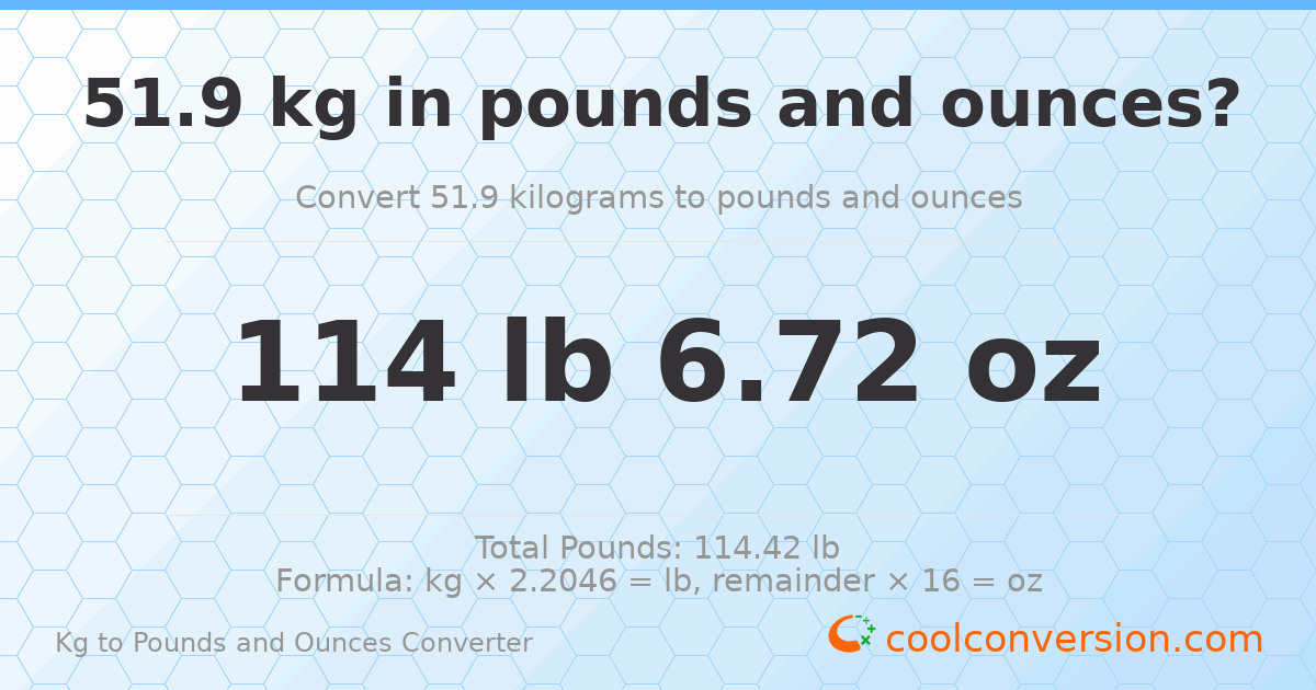 51.9 kg to lbs and oz — 51.9 kg = 114 lb 6.72 oz