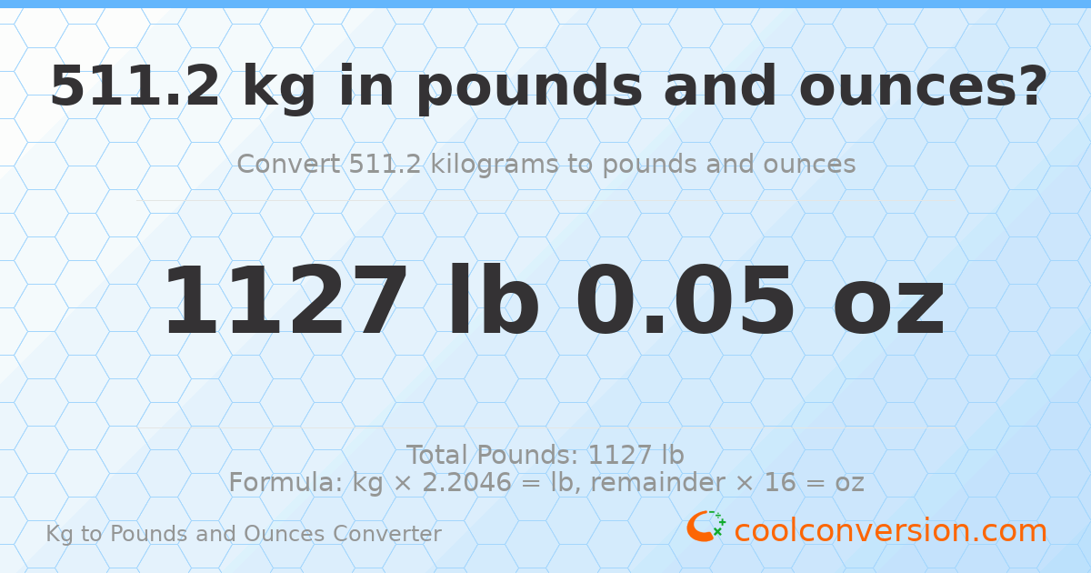 511.2 kg to lbs and oz — 511.2 kg = 1127 lb 0.05 oz