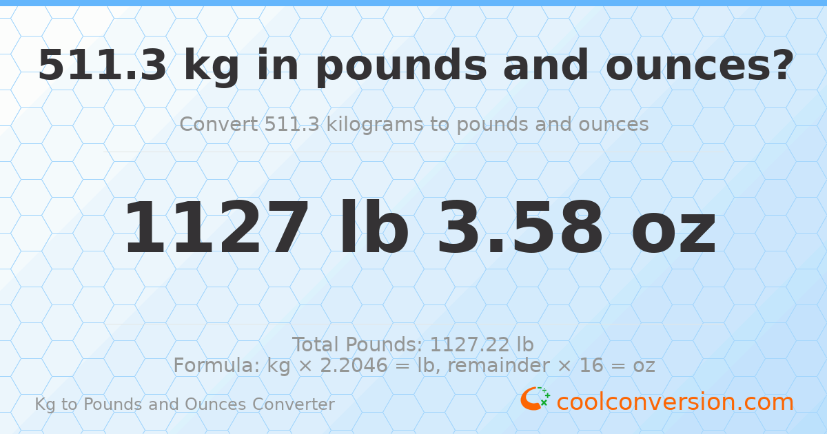 511.3 kg to lbs and oz — 511.3 kg = 1127 lb 3.58 oz