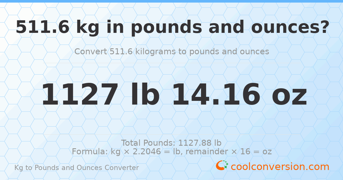 511.6 kg to lbs and oz — 511.6 kg = 1127 lb 14.16 oz