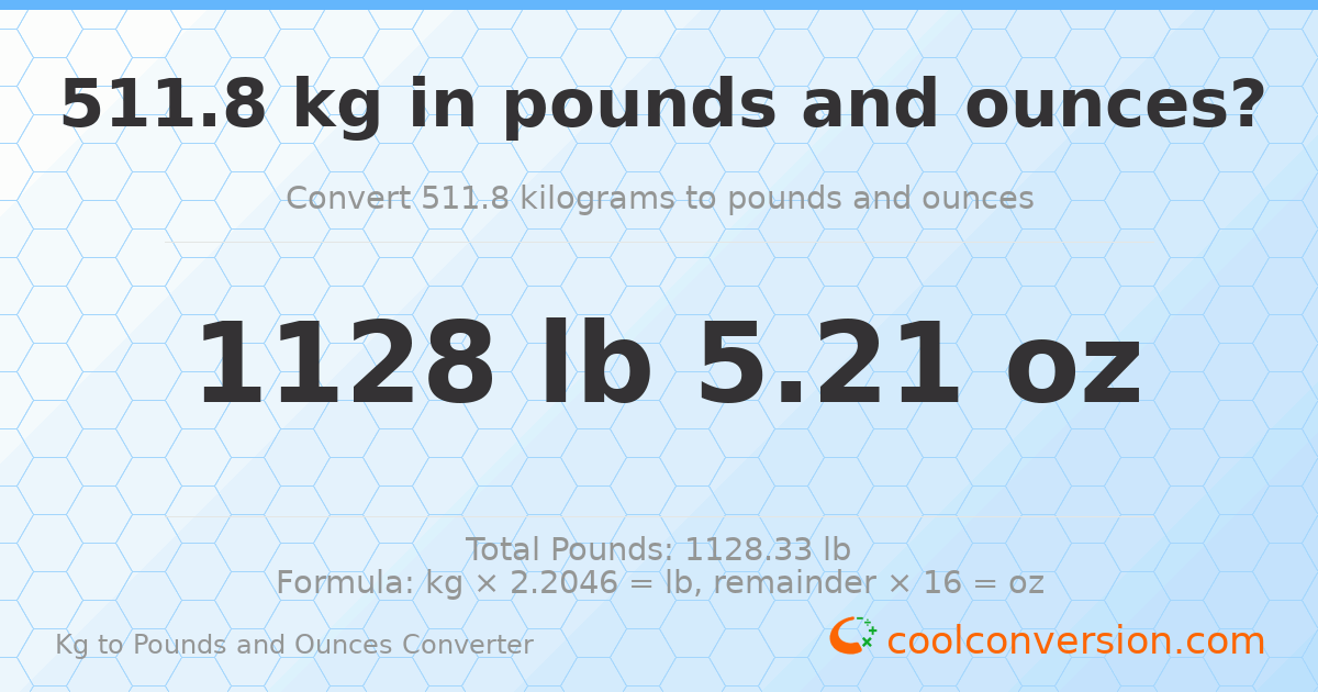 511.8 kg to lbs and oz — 511.8 kg = 1128 lb 5.21 oz