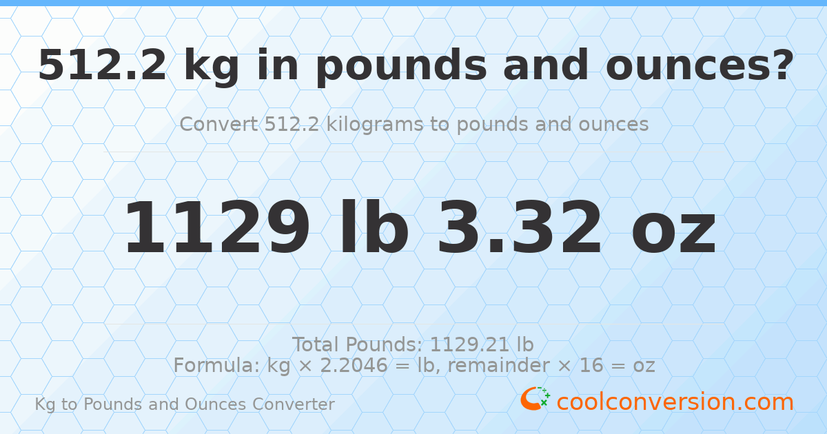 512.2 kg to lbs and oz — 512.2 kg = 1129 lb 3.32 oz